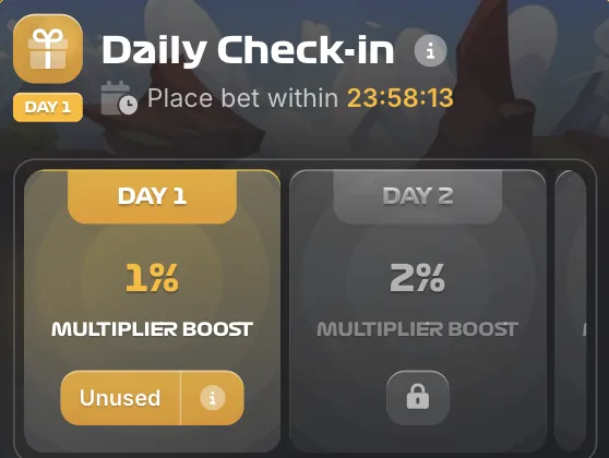 Fish Tank Game Daily Check-in panel showing Day 1 and Day 2 multiplier boost rewards