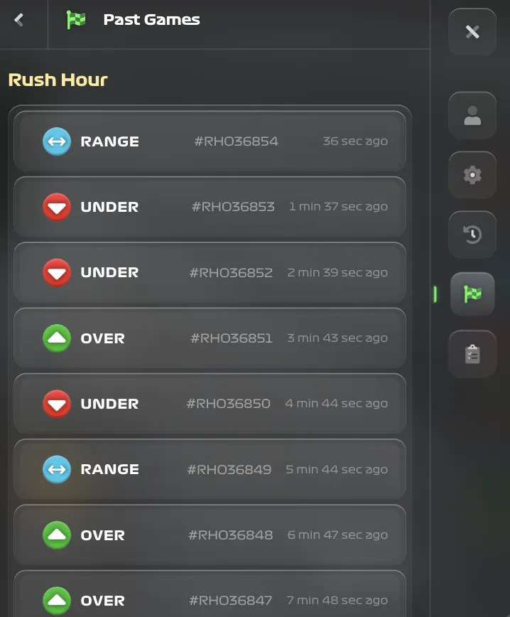 Fish Tank Game past games panel showing bet history with game IDs and bet types